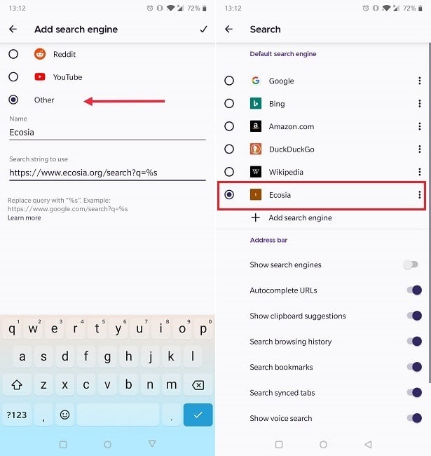 Comment changer l'adresse d'entrée par défaut du moteur de recherche Android Firefox Ecosia ajouté