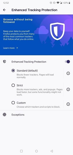 Comment activer les cookies Navigateur Android Options de protection de suivi améliorées de Firefox
