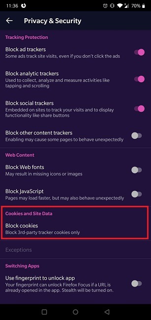 Comment activer les cookies Navigateur Android Firefox Focus Cookies et données de site