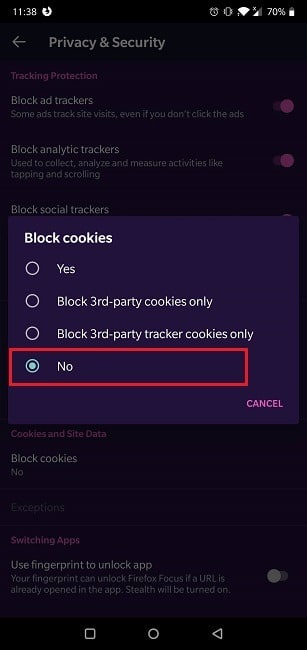 Comment activer les cookies Navigateur Android Firefox Focus Cookies activés