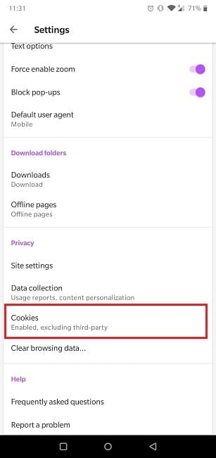 Comment activer les cookies Navigateur Android Opera Cookies