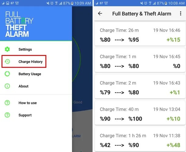 Meilleures applications de notification de batterie pleine Historique de charge de l'alarme de vol de batterie pleine