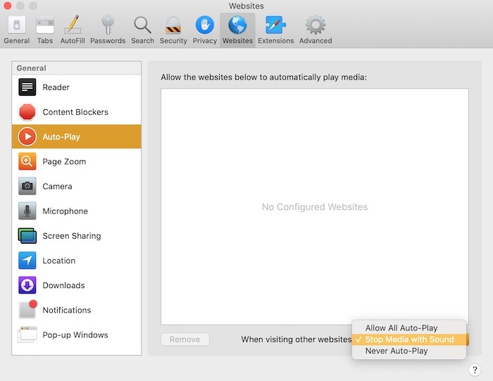 Neuf paramètres cachés Mac Safari Autoplay