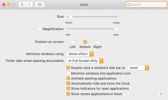 Paramètres du Dock des Préférences Système Mac