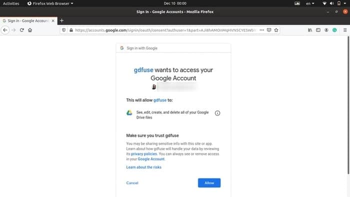 autoriser l'accès à gdfuse pour stocker les fichiers de sauvegarde sur google drive