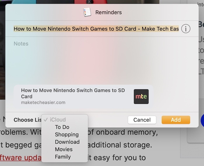 Popup du volet de partage Mac de l'application Rappels principaux Popup du volet de partage Mac de l'application Rappels principaux
