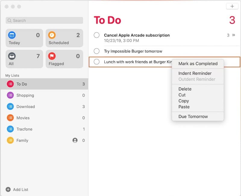 Rappels principaux App Mac Sous-tâches Retrait Rappels principaux App Mac Sous-tâches Retrait