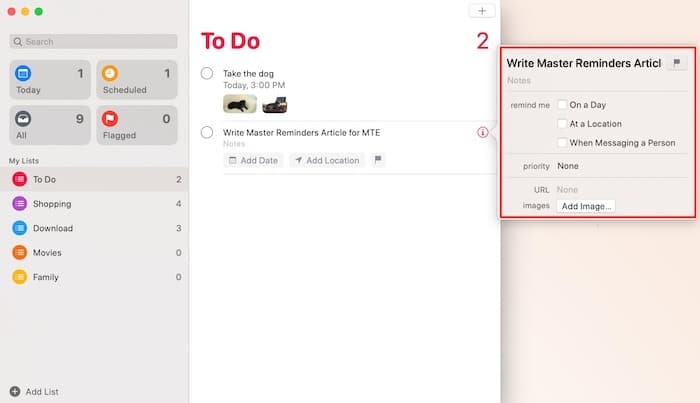 Options d'édition de l'application de rappels principaux pour Mac Options d'édition de l'application de rappels principaux pour Mac