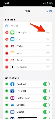 Organiser la feuille de partage iOS