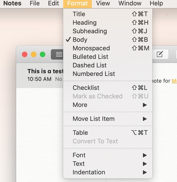 Format de la barre de menus Mac Notes