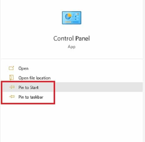 Façons d'ouvrir le panneau de configuration dans Windows 10 Start Pin