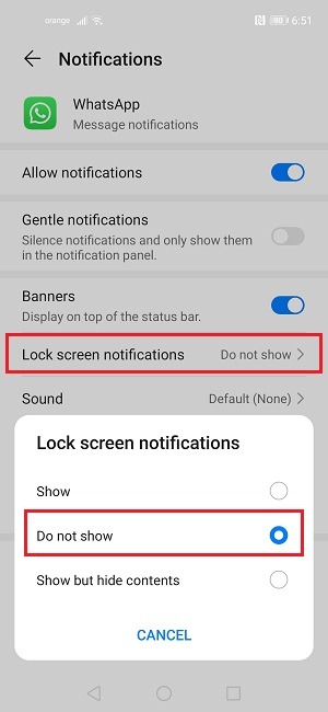 Masquer les notifications Écran de verrouillage Application spécifique Huawei désactivée