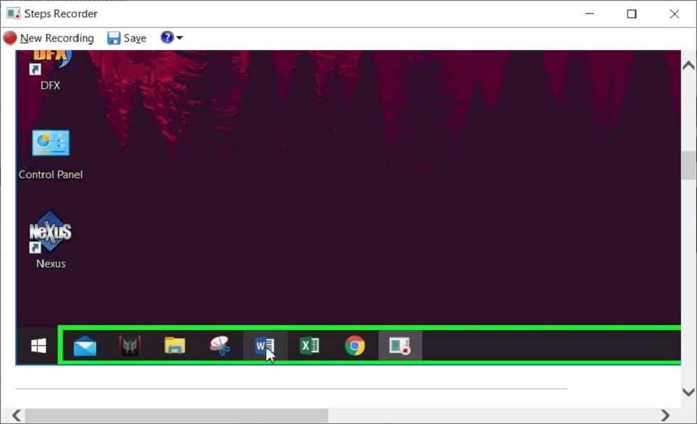 Capture d'écran de l'enregistreur de pas avec le curseur de la souris Windows
