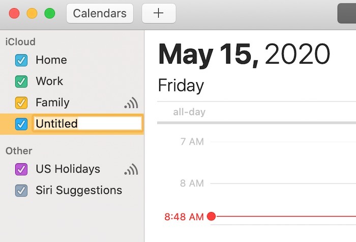 Fichier d'application de calendrier principal Mac Nom du nouveau calendrier