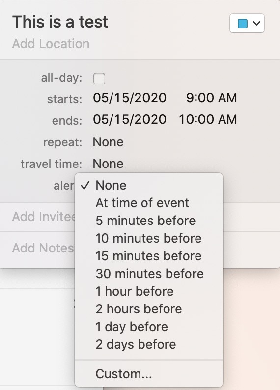 Alarmes d'application de calendrier maître Mac