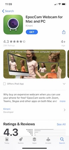 Utiliser l'application Epoccam de la webcam de l'iPhone