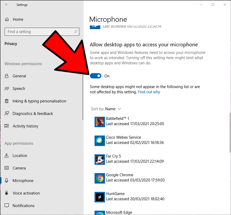 Le microphone ne fonctionne pas Windows Autoriser les applications de bureau 2