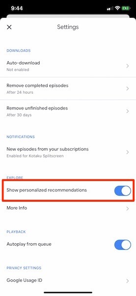 Paramètres de recommandation Ios de Google Podcasts