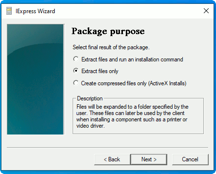 Fichiers d'extraction Windows10 Iexpress uniquement
