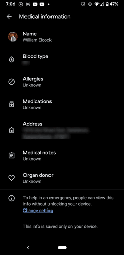 Informations médicales sur la sécurité personnelle Android 1