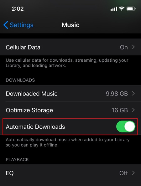 Téléchargements automatiques Apple Music Activer Toggle