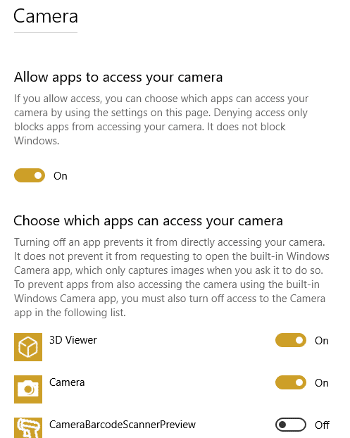 Paramètres pour autoriser l'accès des applications à la webcam