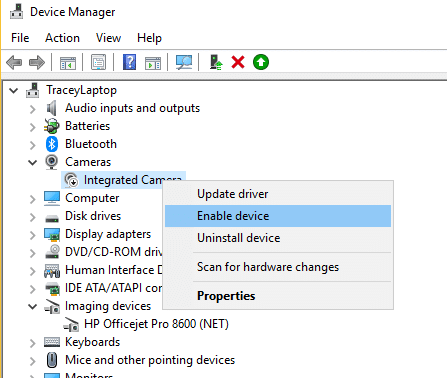 Option de menu contextuel pour activer la webcam dans le gestionnaire de périphériques Windows