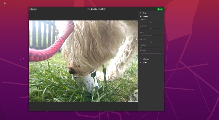 Capture d'écran montrant la partie Couleurs de l'interface d'édition de Gnome Photo.