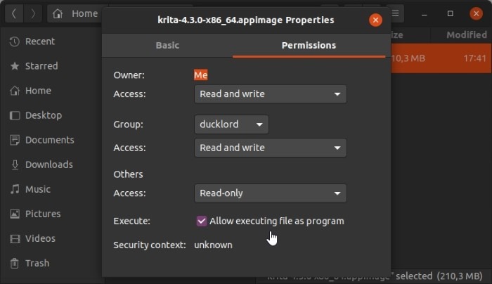 Installer le dernier Krita dans Ubuntu Autoriser l'exécution en tant que programme