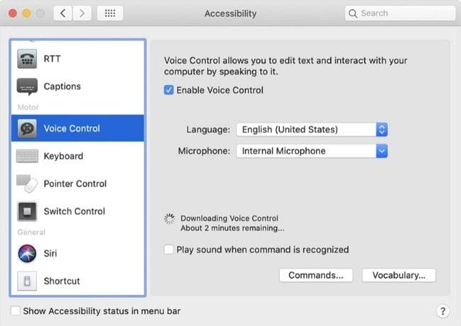 Capture d'écran de la commande vocale des fonctionnalités de Macos Catalina