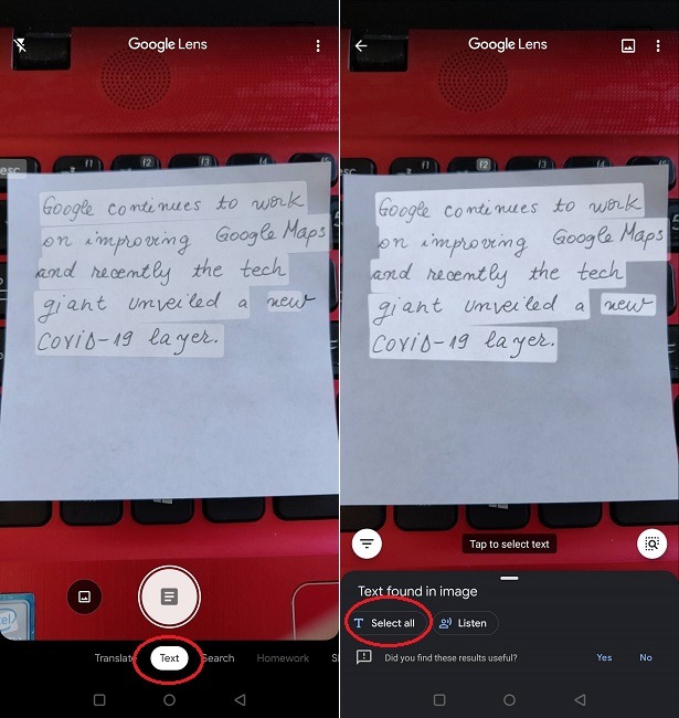 Six autres fonctionnalités de Google Lens Notes de sélection de texte
