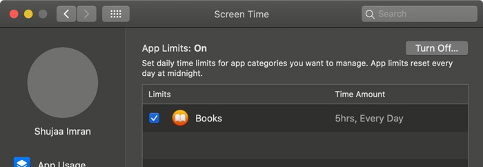 Temps d'écran Limites de l'application Macos