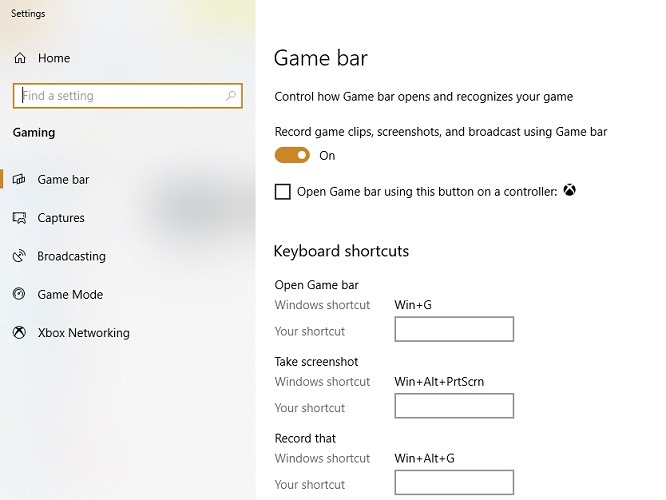Paramètres de la barre de jeu de l'enregistreur d'écran Windows10