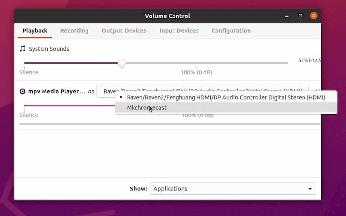 Capture d'écran montrant l'onglet Lecture de pavucontrol où vous pouvez sélectionner l'appareil que vous souhaitez envoyer au Chromecast.