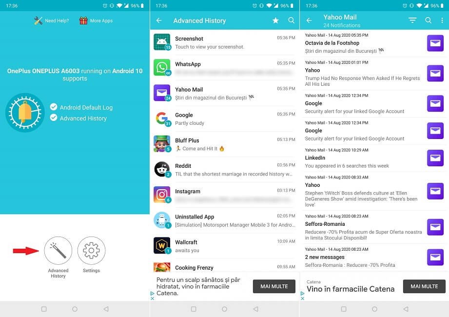 Historique des notifications Application Android Inside View