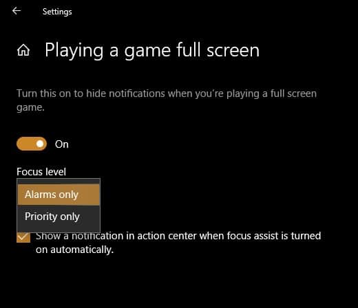 Focus Assist jouer au jeu en plein écran 1