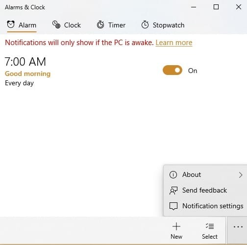 Paramètres de minuterie d'alarmes Windows10