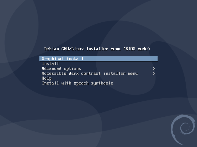 Écran de démarrage de l'installation de Debian