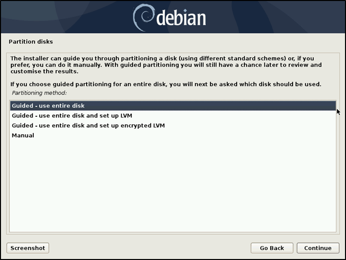 Disque de partition d'installation Debian guidé