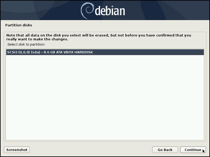 Disque de sélection de partition d'installation Debian