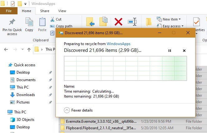 Espace utilisable supprimé du dossier Windowsapps