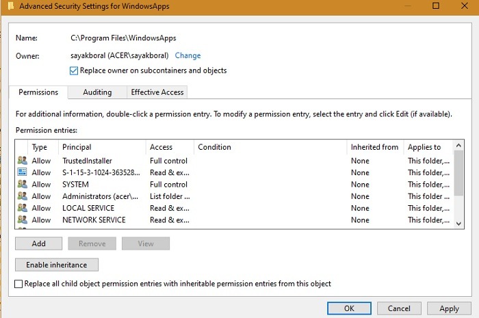Le dossier Windowsapps remplace les sous-conteneurs propriétaires