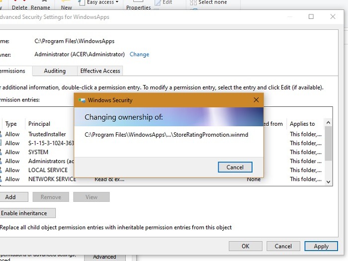 Windowsapps Sélectionnez Changer de propriétaire 1