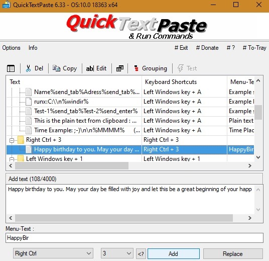 Commande Quicktextpaste d'extension de texte