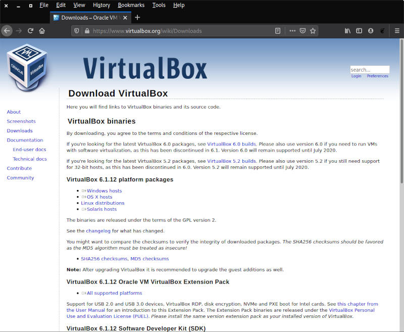 Page de téléchargement de Windows sur Vbox
