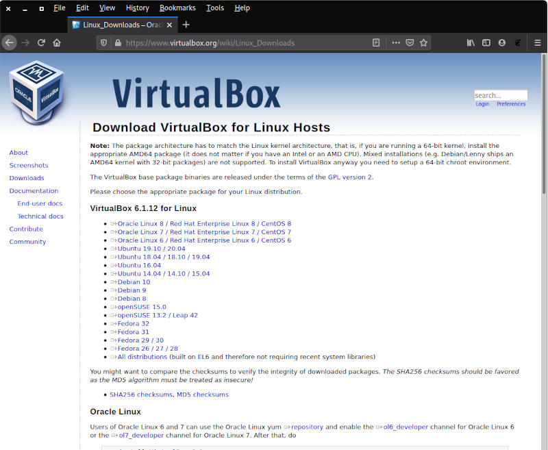 Page des distributions Windows sur Vbox