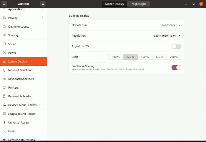 Les paramètres d'Ubuntu affichent la mise à l'échelle fractionnaire