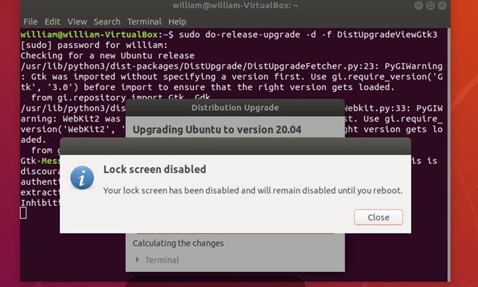 Ubuntu Upgrade1804 2004 Écran de verrouillage de mise à niveau désactivé