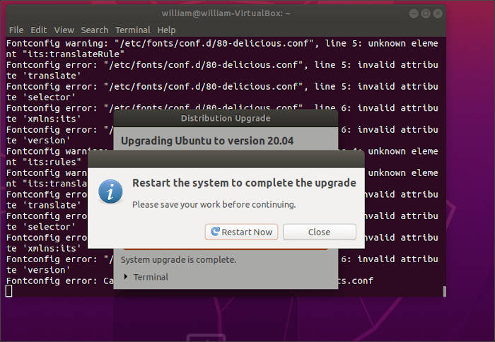 Mise à niveau Ubuntu 1804 2004 terminée