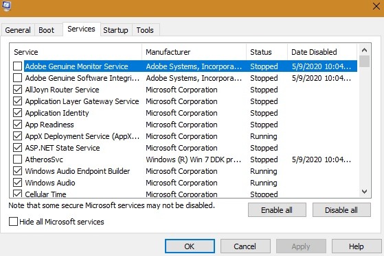 Windows Slowboot Sysconfig Sélectionner tous les services